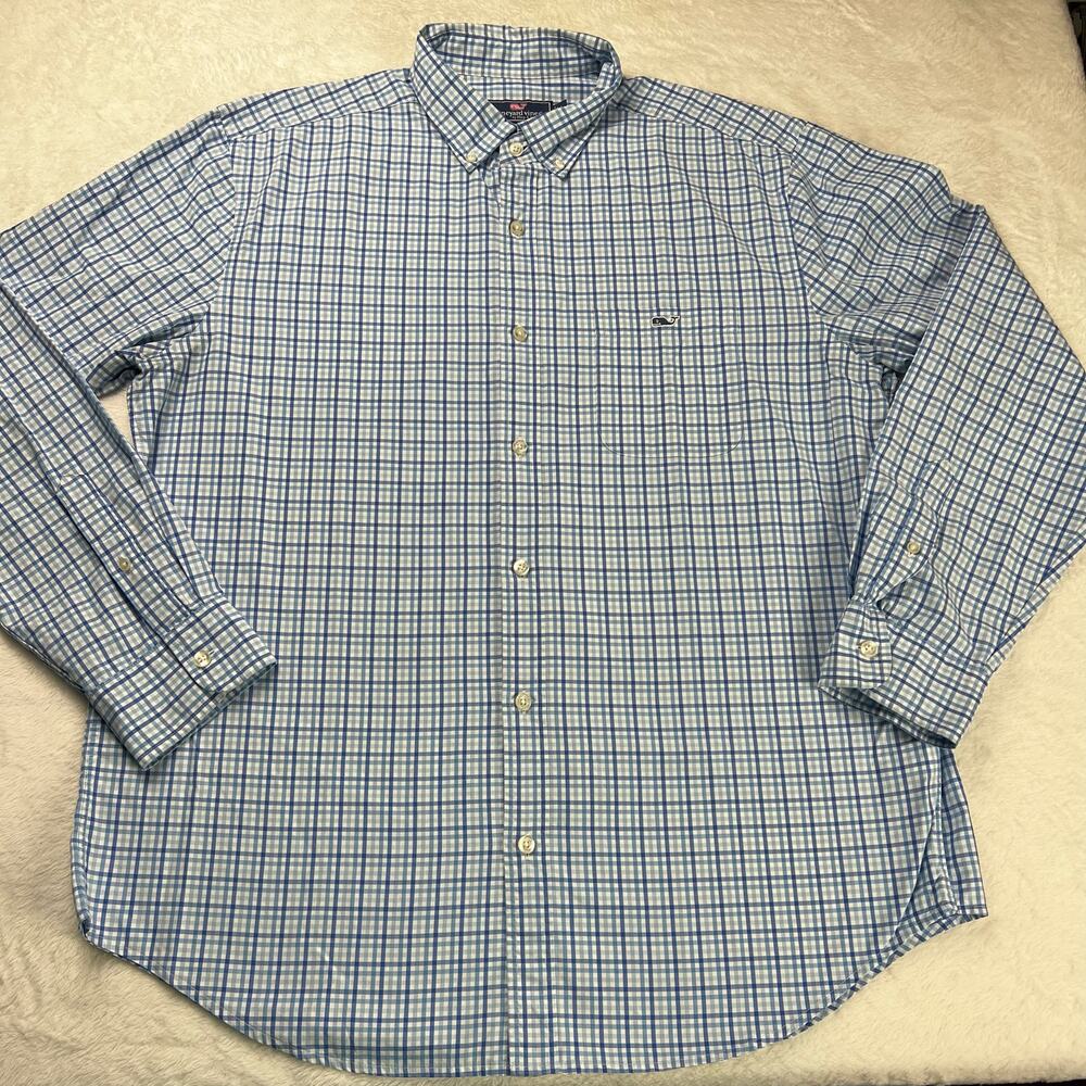 Vineyard Vines Classic fit Trucker Button down blue plaid shirt men’s sz Large